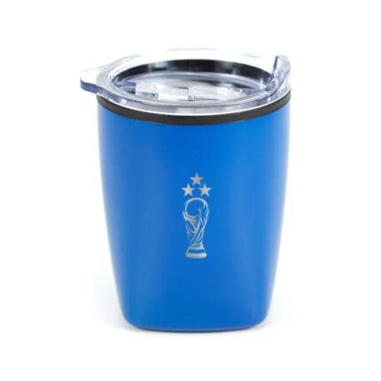 Termo azul con emblema de copa y tres estrellas
