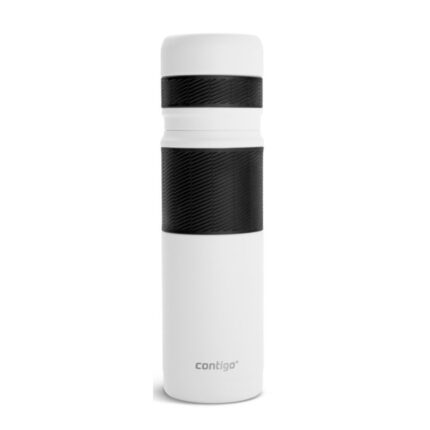 Termo blanco con grip negro, diseño moderno y tapa hermética