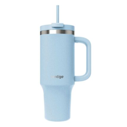 Tacho térmico azul con manija y sorbete, diseño moderno y resistente