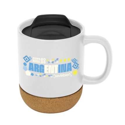 Taza térmica blanca con base de corcho y diseño Argentina 2026