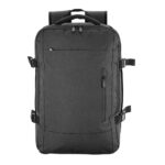 Mochila negra urbana con múltiples compartimentos, ideal para viajes, oficina o uso diario