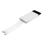 Power bank blanco con cables integrados para USB-C, Lightning y Micro-USB, ideal para múltiples dispositivos