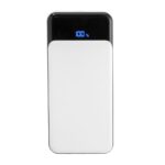 Power bank blanco con pantalla digital LED que indica nivel de carga, diseño moderno y funcional
