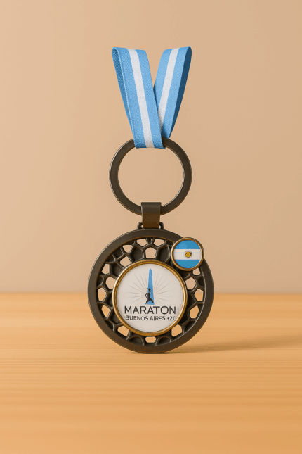 Medalla Maratón Buenos Aires 42K con cinta celeste y blanca sobre fondo beige y superficie de madera clara.