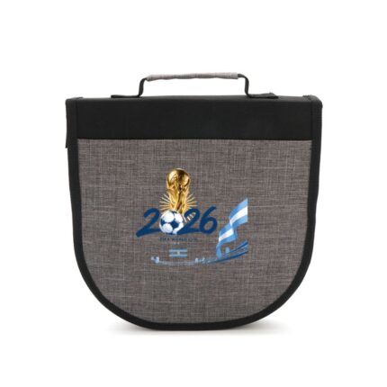 Bolso gris con diseño FIFA World Cup 2026 y cinta celeste y blanca