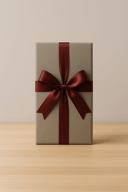 Caja de regalo rectangular con moño bordó satinado sobre superficie de madera clara y fondo beige, fotografía corporativa de productos MQM.