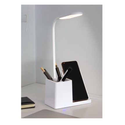 Lámpara blanca con cargador inalámbrico y compartimentos organizadores