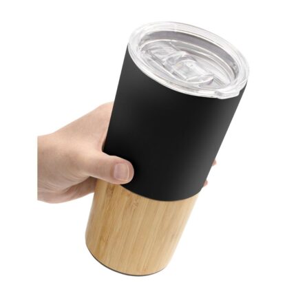 Vaso térmico negro con base de bambú y tapa transparente