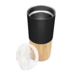 Vaso térmico negro con base de bambú y tapa desmontada