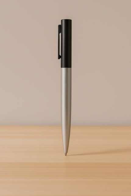 Bolígrafo metálico Pintacs negro y plata sobre superficie de madera clara y fondo beige, producto de la línea Oficina MQM.