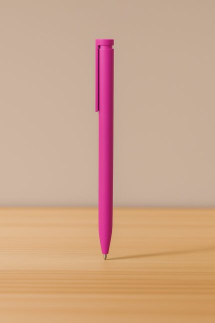 Bolígrafo plástico Croma fucsia sobre superficie de madera clara y fondo beige, producto de la línea Oficina MQM.