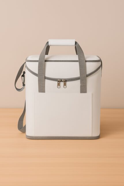 Bolso térmico blanco con manijas grises sobre fondo beige y superficie de madera clara.