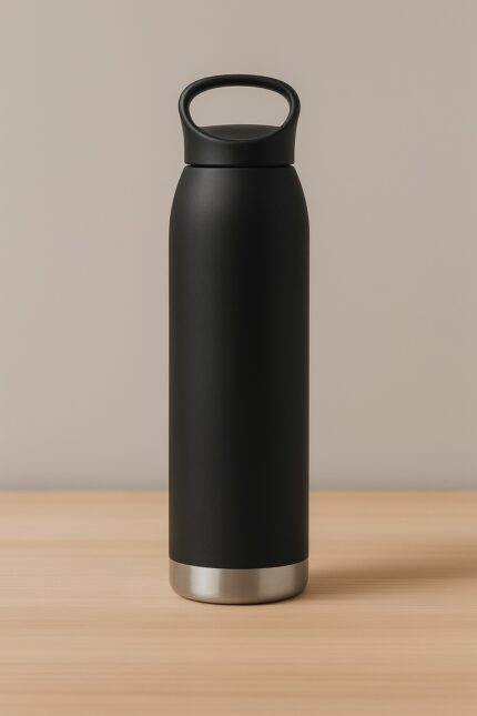 Botella térmica negra sobre fondo beige y madera clara, producto de la línea Tecnología MQM.
