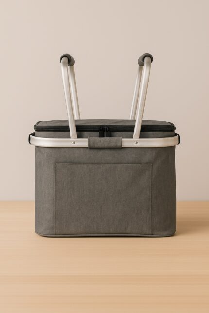 Cooler térmico gris con manijas de aluminio levantadas, sobre superficie de madera clara y fondo beige, fotografía de producto corporativo MQM.