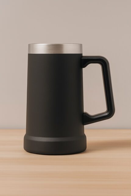 Jarro térmico negro con manija y borde de acero sobre superficie de madera clara y fondo beige, producto de la línea Drinkware MQM.