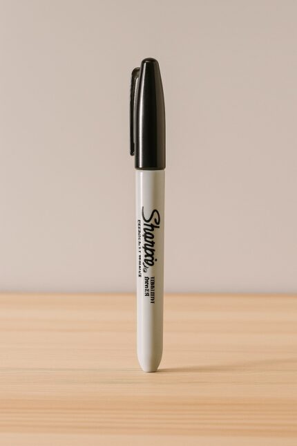 Marcador permanente Sharpie fino en posición vertical sobre superficie de madera clara y fondo beige, producto de la línea Oficina MQM.