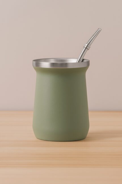 Mate Mat&Enzo verde con bombilla de acero sobre fondo beige, producto de la línea Sustentables MQM.
