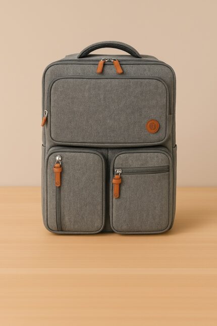 Mochila gris con cierres metálicos y tiradores marrones sobre fondo beige y superficie de madera clara.