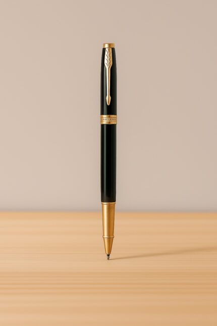 Lapicera roller Parker IM negra con detalles dorados sobre superficie de madera clara y fondo beige, producto ejecutivo MQM.