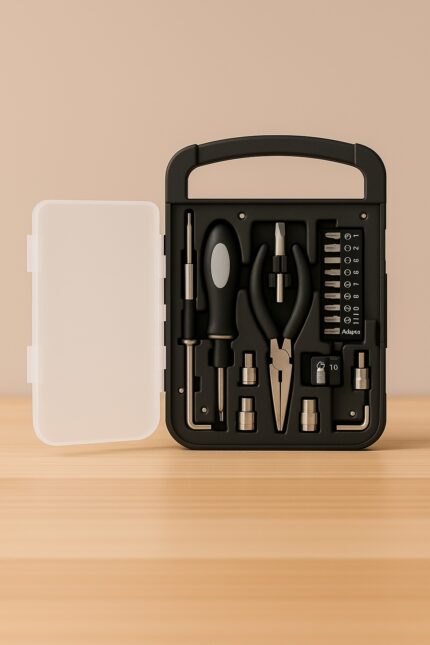 Set de herramientas compacto abierto con pinza, destornillador y accesorios dentro de estuche negro.