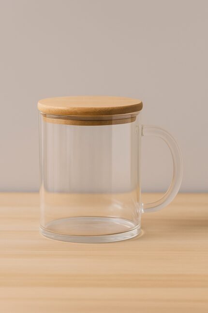 Taza Magui de vidrio con tapa de bambú sobre superficie de madera clara y fondo beige, producto de la línea Sustentables MQM.