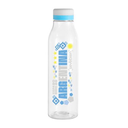Botella plástica transparente con banda azul y diseño Argentina 2026