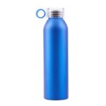 Botella metálica azul con tapa transparente y diseño moderno