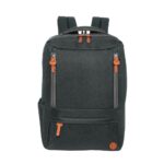 Mochila gris oscura con múltiples bolsillos y tiradores símil cuero