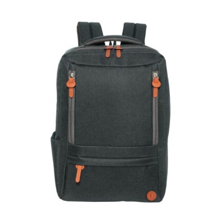 Mochila gris oscura con múltiples bolsillos y tiradores símil cuero