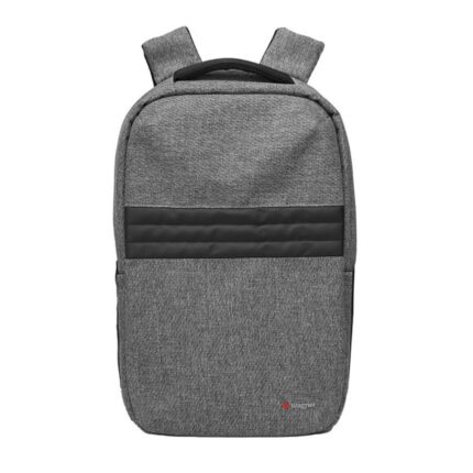Mochila gris con panel acolchado frontal y logo Wagner en la esquina inferior
