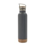 Botella térmica gris con base y tapa símil madera y manija metálica