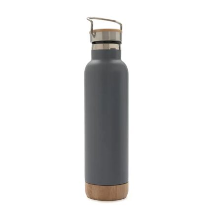 Botella térmica gris con base y tapa símil madera y manija metálica
