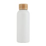 Botella blanca con tapa símil madera y diseño minimalista