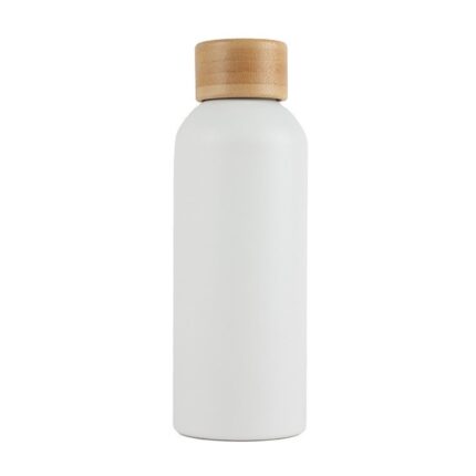 Botella blanca con tapa símil madera y diseño minimalista
