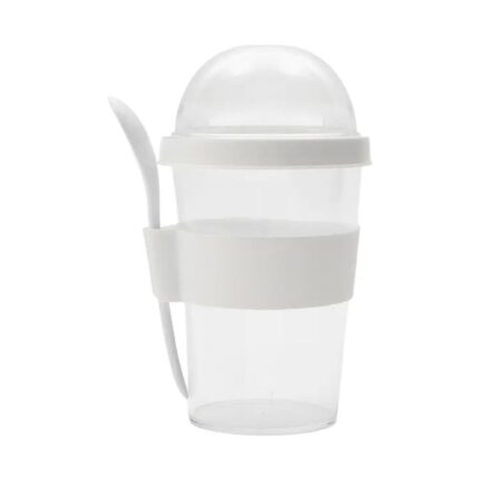 Vaso plástico transparente con tapa blanca y cuchara incorporada