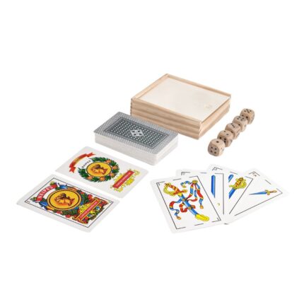 Set de juego con caja de madera, naipes españoles y cinco dados
