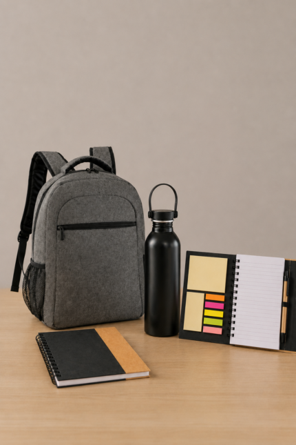 Kit onboarding corporativo personalizado con mochila, botella y libreta para empresas