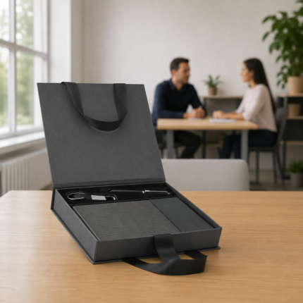 Kit Signature Noir de onboarding con cuaderno, bolígrafo y llavero en caja de regalo negra personalizable