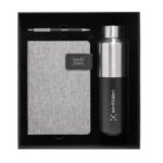 Set ejecutivo con botella térmica de 600 ml, libreta gris con cierre magnético y bolígrafo negro