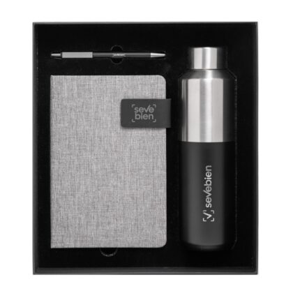 Set ejecutivo con botella térmica de 600 ml, libreta gris con cierre magnético y bolígrafo negro
